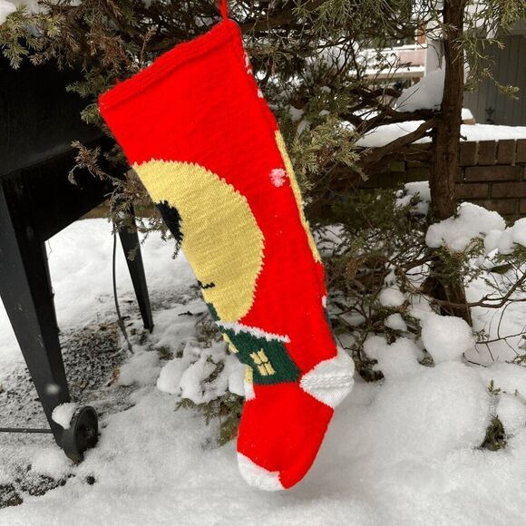 Vintage Knit Christmas Stocking Santa Sleigh Scene Handmade Red Green Yellow - Picture 4 of 7